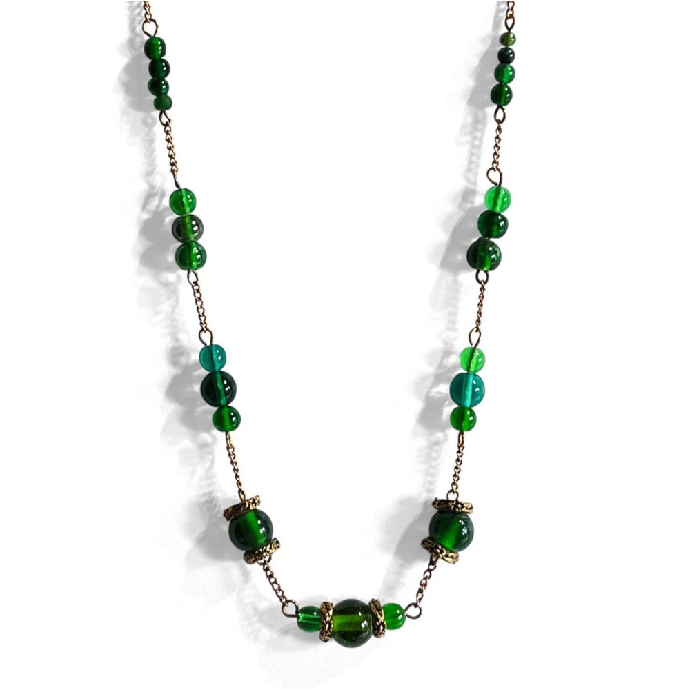 Vintage Necklace Green Art Glass Boho Gold Tone Chain Beaded Handmade Bib 17.75"